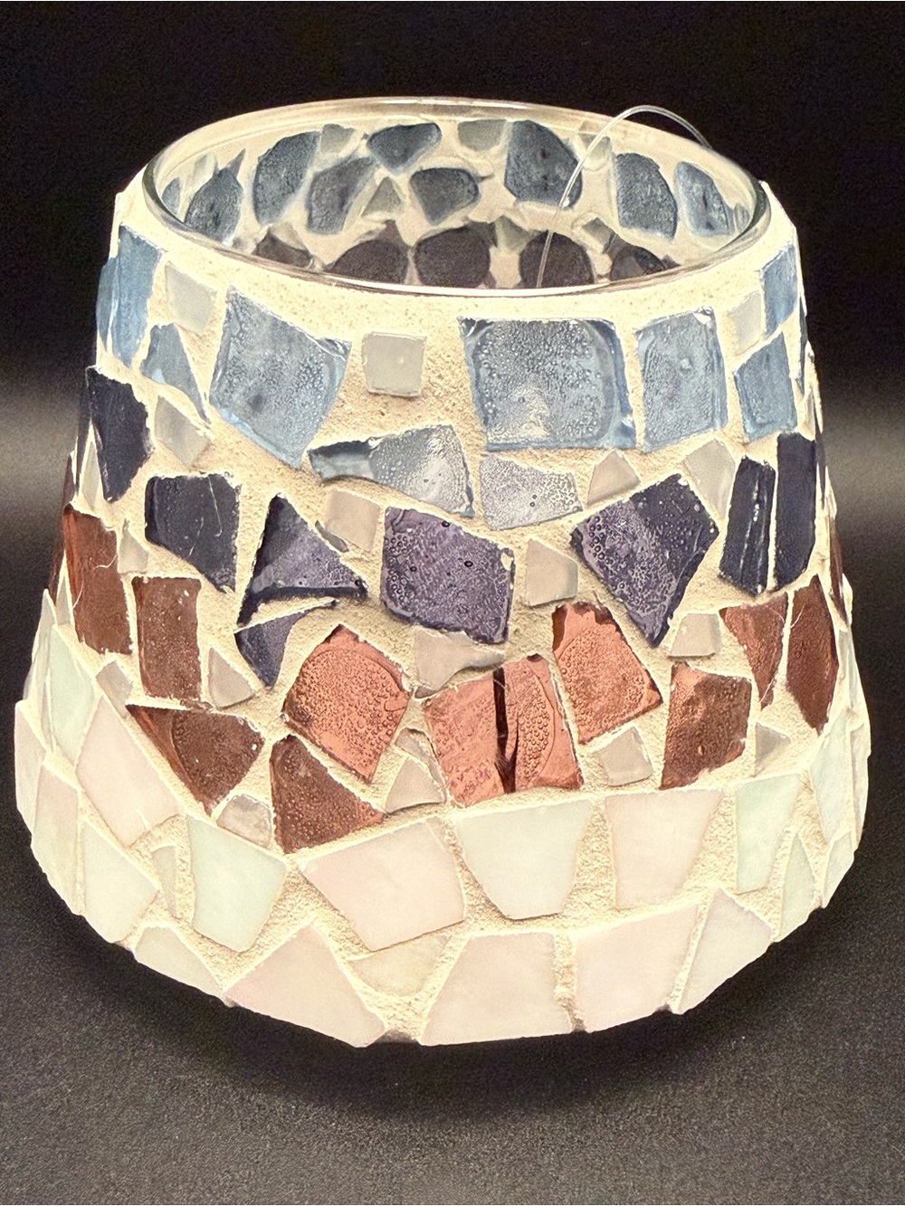 Home Interiors Mosaic Glass Candle Shade Blue Brown White Original Tag